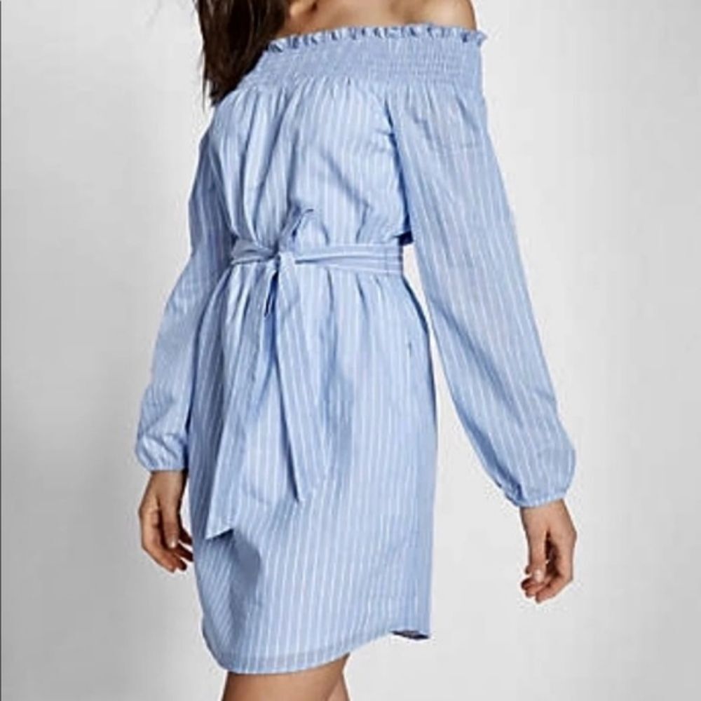 Express Blue Strip Off the Shoulder Tie Dress S/P